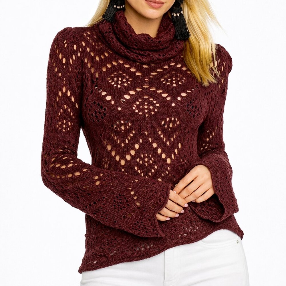 Free People Shoot From The Heart Plum Turtleneck Sweater Bell Sleeve Boho sz M